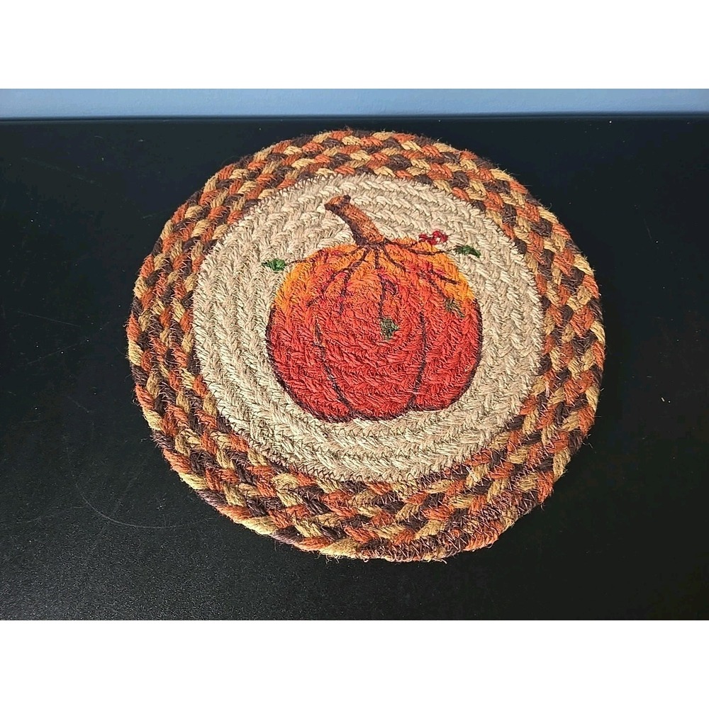 Harvest Pumpkin 10" Round Trivet Earth Rugs, Braided Jute, Fall Autumn Table Mat